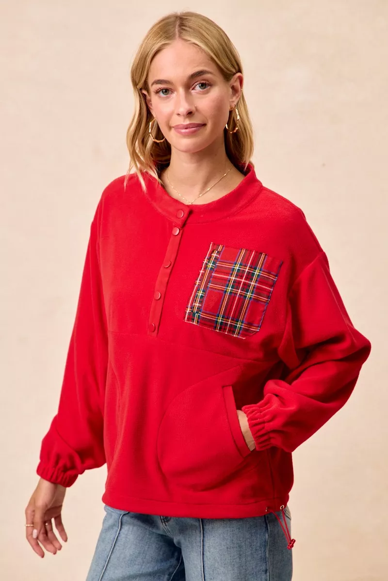 Christmas Theme Fleece Buttoned Top with Pockets, image 2