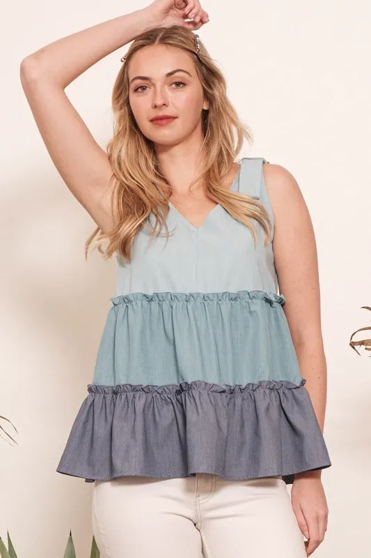 Full Size Color Block V-Neck Baby Doll Sleeveless Top Plus Size, image 2