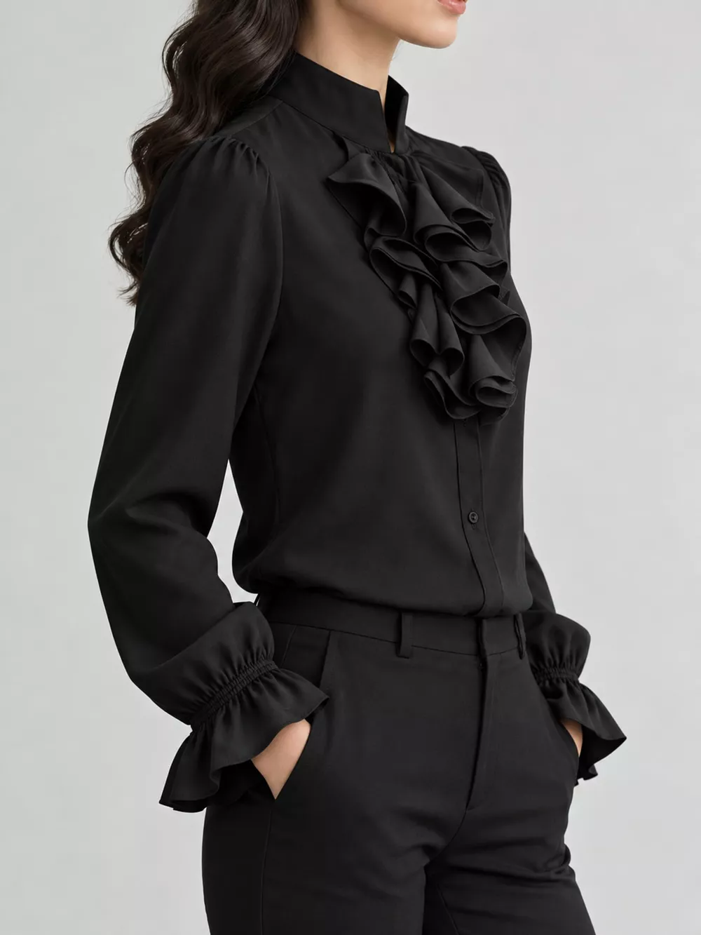 Ruffled Stand-Collar Blouse with Long Lantern Sleeves, image 12