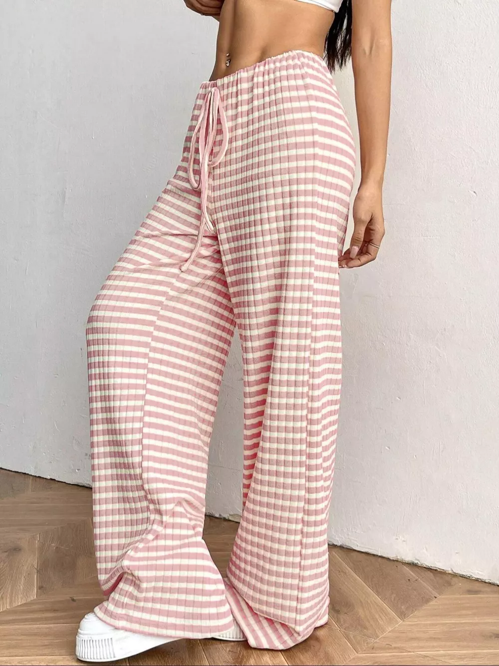 Striped Ribbed Knit Drawstring Waist Wide Leg Pants, image 3