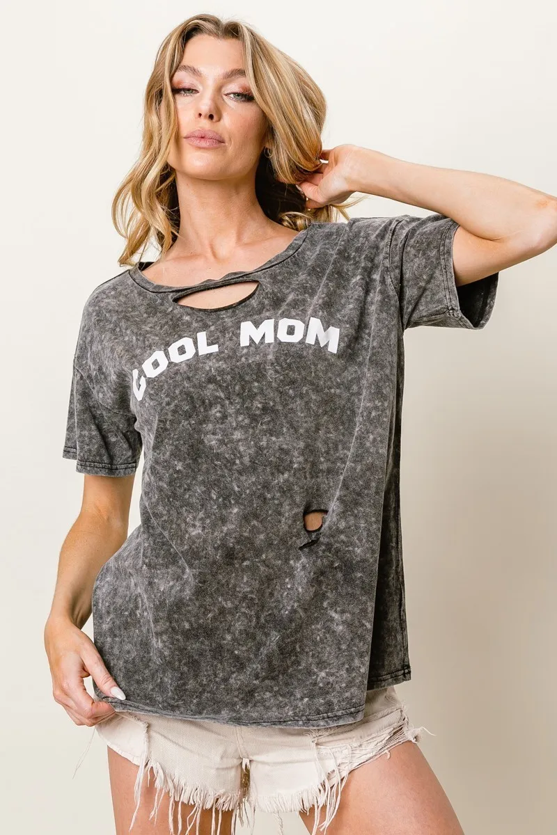 Washed Laser Cut Detail Cool Mom Print Top, image 6