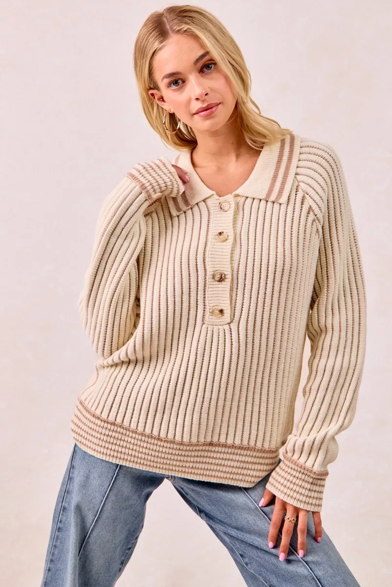 Half Button Ribbed Two Tone Sweater, image 2