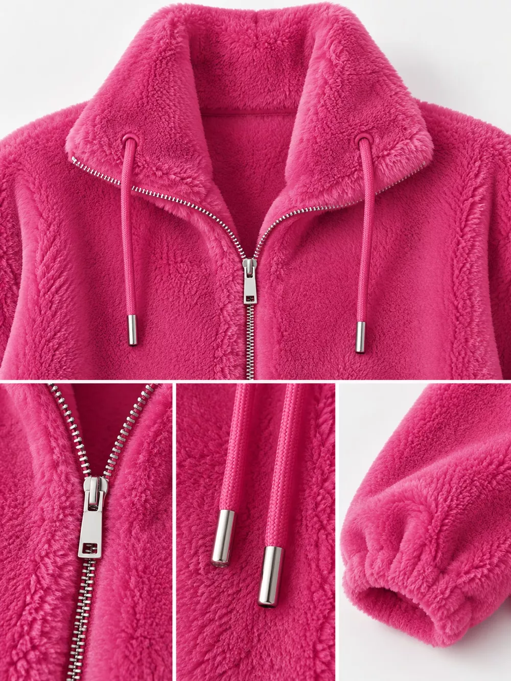 Full Size Drawstring Faux Fur Stand-Collar Zip-Up Outerwear Plus Size, image 39