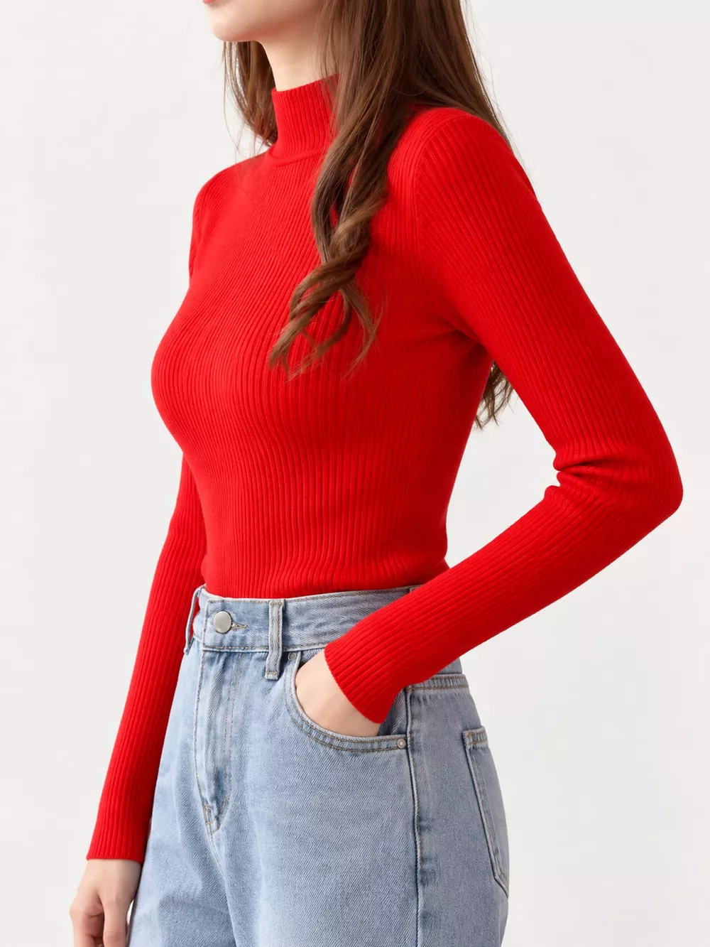 Elegant Slim-Fit Ribbed Mock Neck Knit Top, image 80