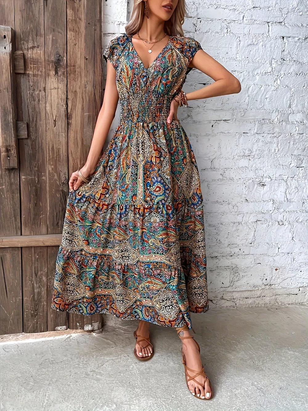 Paisley Print Cap Sleeve Maxi Dress, image 3