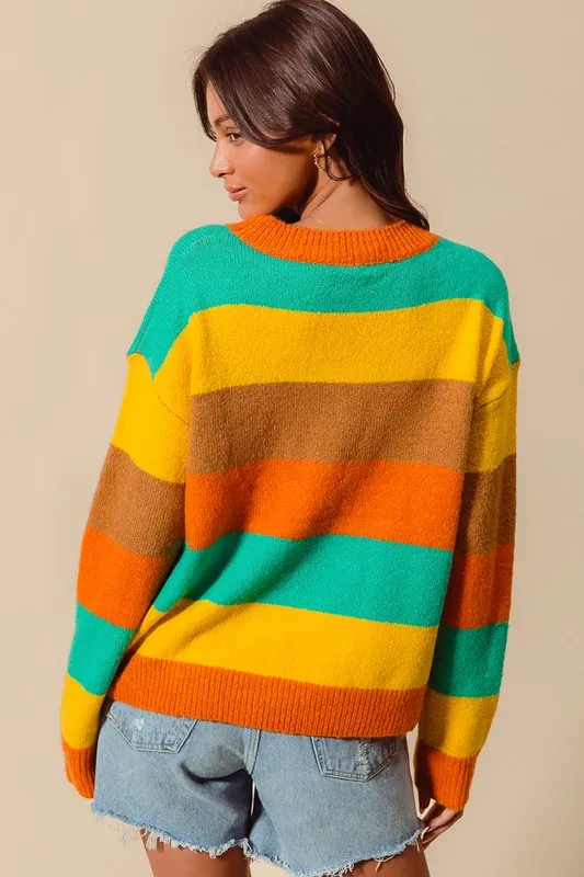 Multi Color Stripe Sweater with Ribbed Detail, image 2
