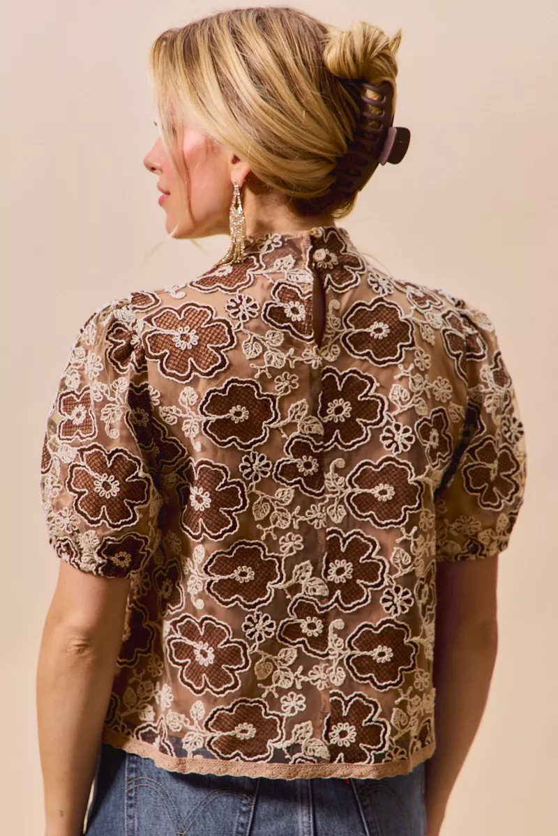 Texture Floral Mesh Top With Back Button Closure, image 3