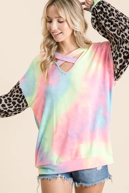Tie Dye Terry Top with Leopard Puff Sleeves, image 2