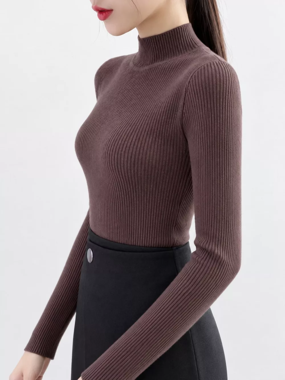 Elegant Slim-Fit Ribbed Mock Neck Knit Top, image 68