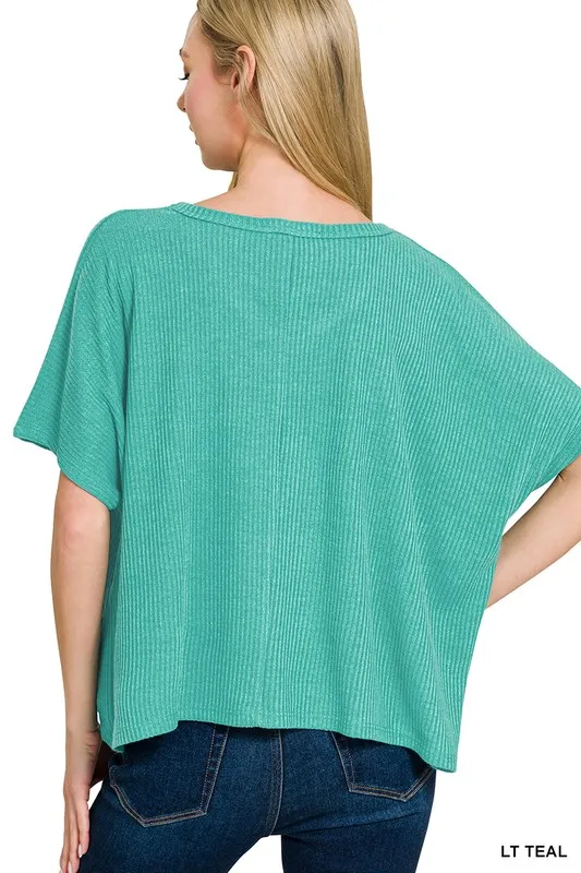 Ribbed V-Neck Short-Sleeve Knit Top, image 3