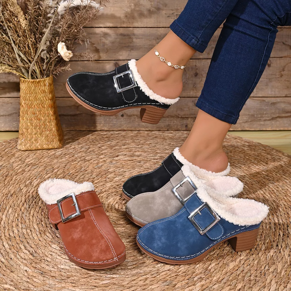 Faux Fur Lined Block Heel Shoes, image 2