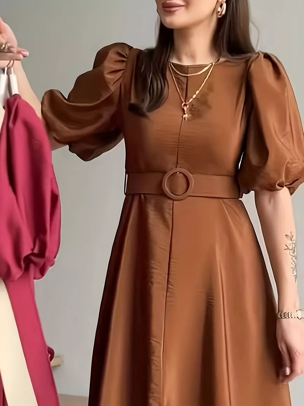 Belted Puff Sleeve Midi Dress, image 4