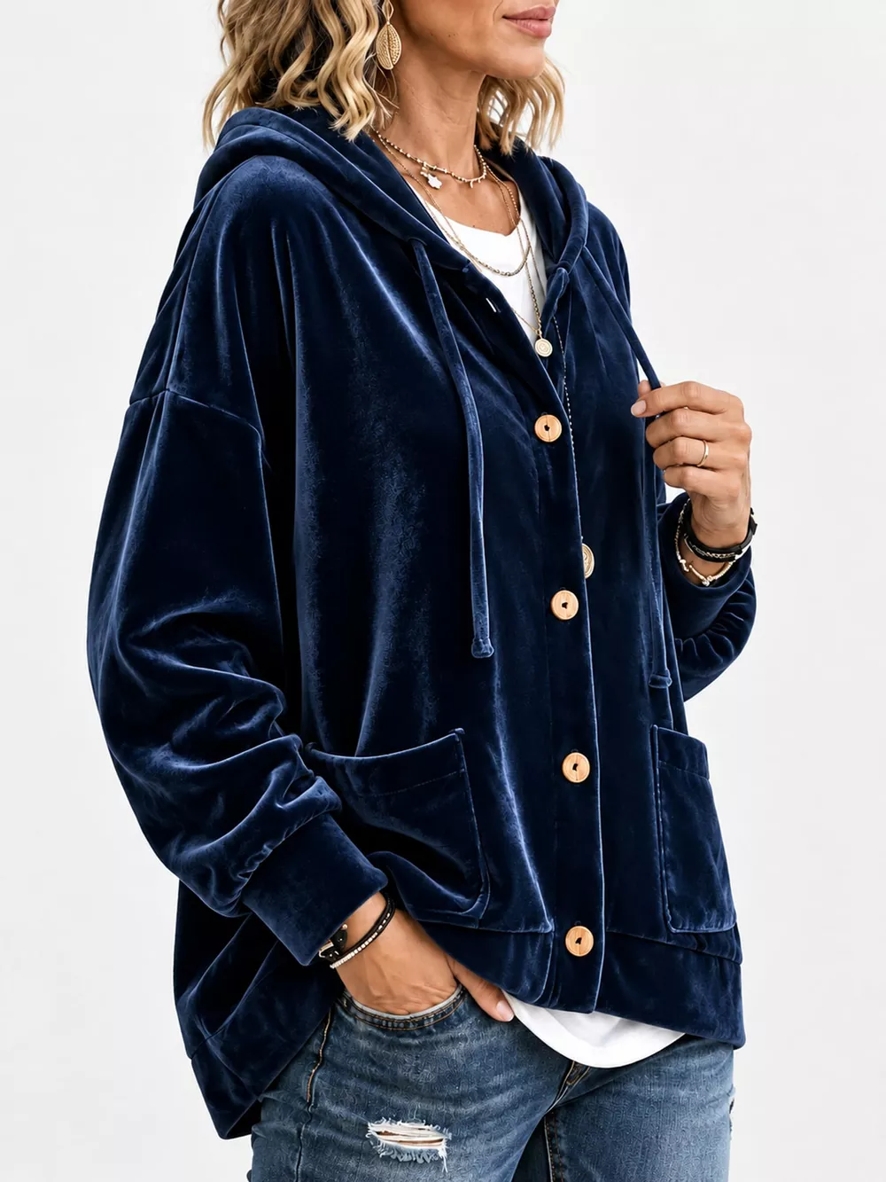 Full Size Velvet Dropped Shoulder Hoodie Plus Size, image 21