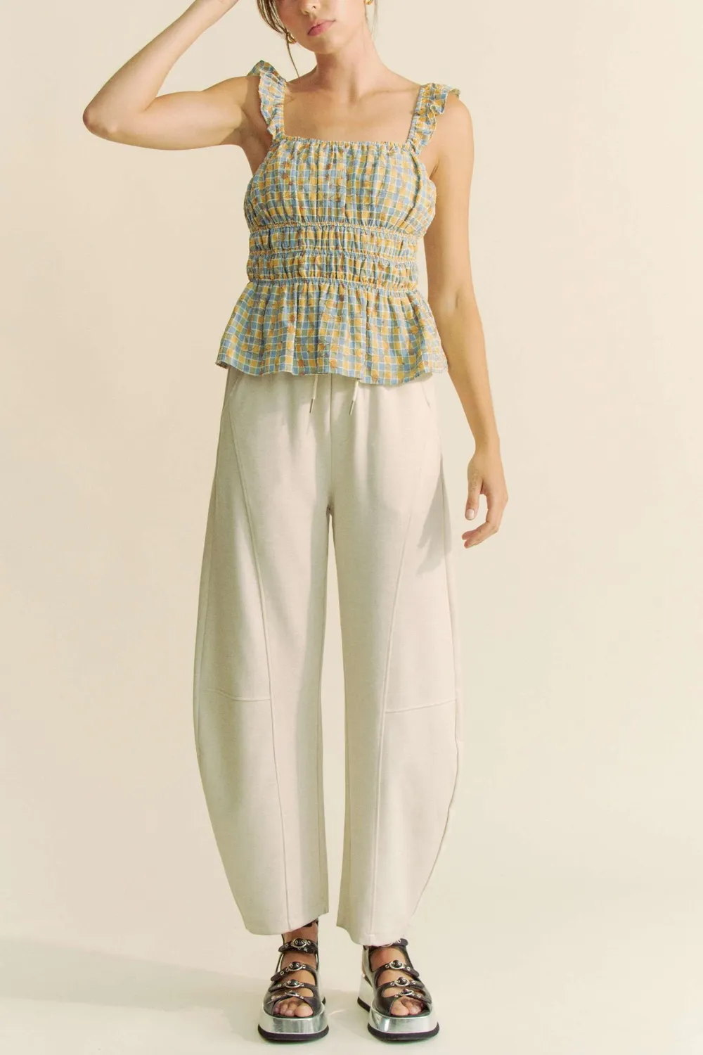 Plaid Ruffled Strap Smocked Sleeveless Top, image 9