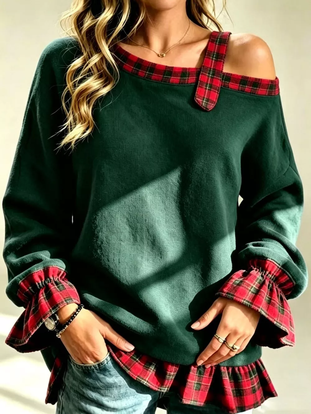 Full Size Plaid Ruffled Hem Asymmetrical Neck Sweatshirt Plus Size, image 16