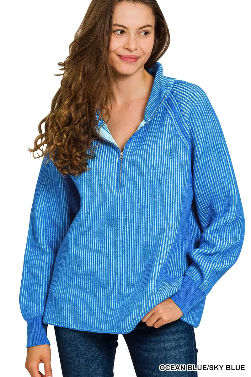 Ribbed Two Tone Half Zip Sweater