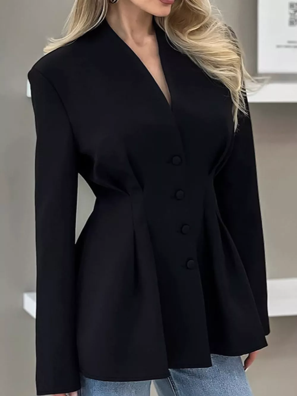 V-Neck Pleated Waist Slim-Fit Blazer, image 5