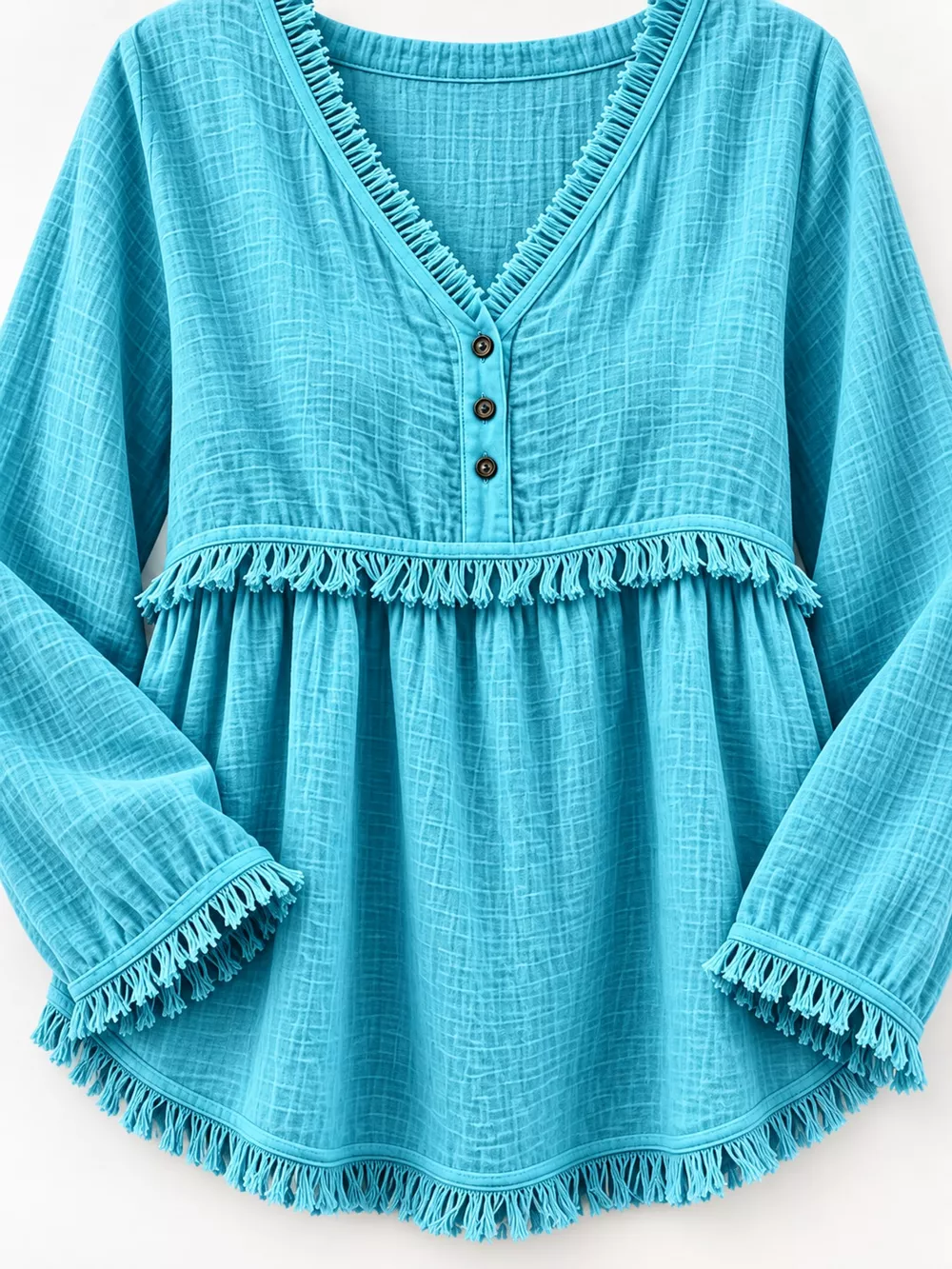 Full Size Fringed Trim V-Neck Long Sleeve Blouse Plus Size, image 53