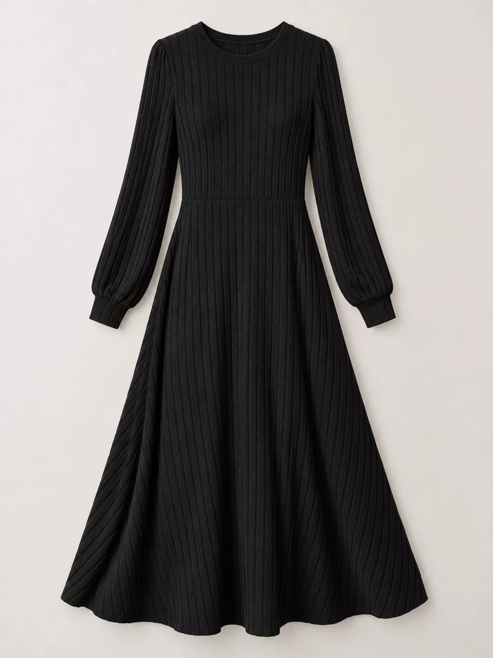 Ribbed Knit Long Sleeve A-Line Midi Dress, image 6