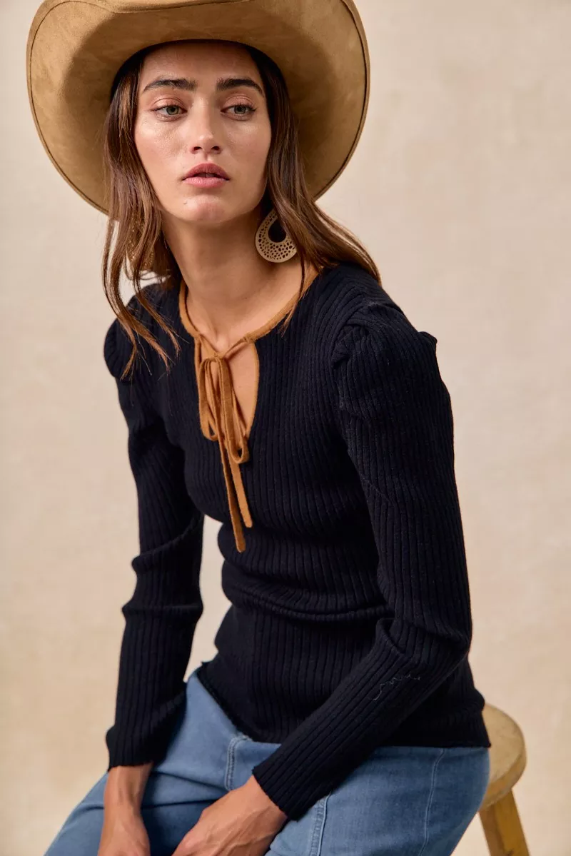 Ribbed Contrast Front Tied Top with Shrried, image 4