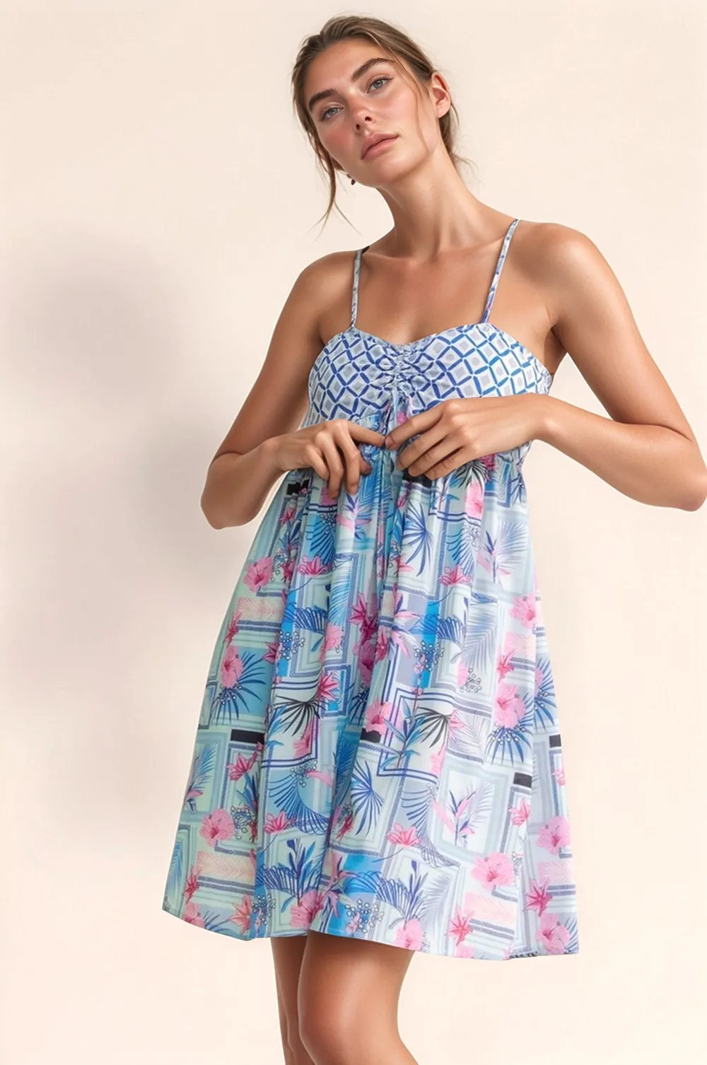 Tropical Floral Geo Print Tie Back Tube Top Romper