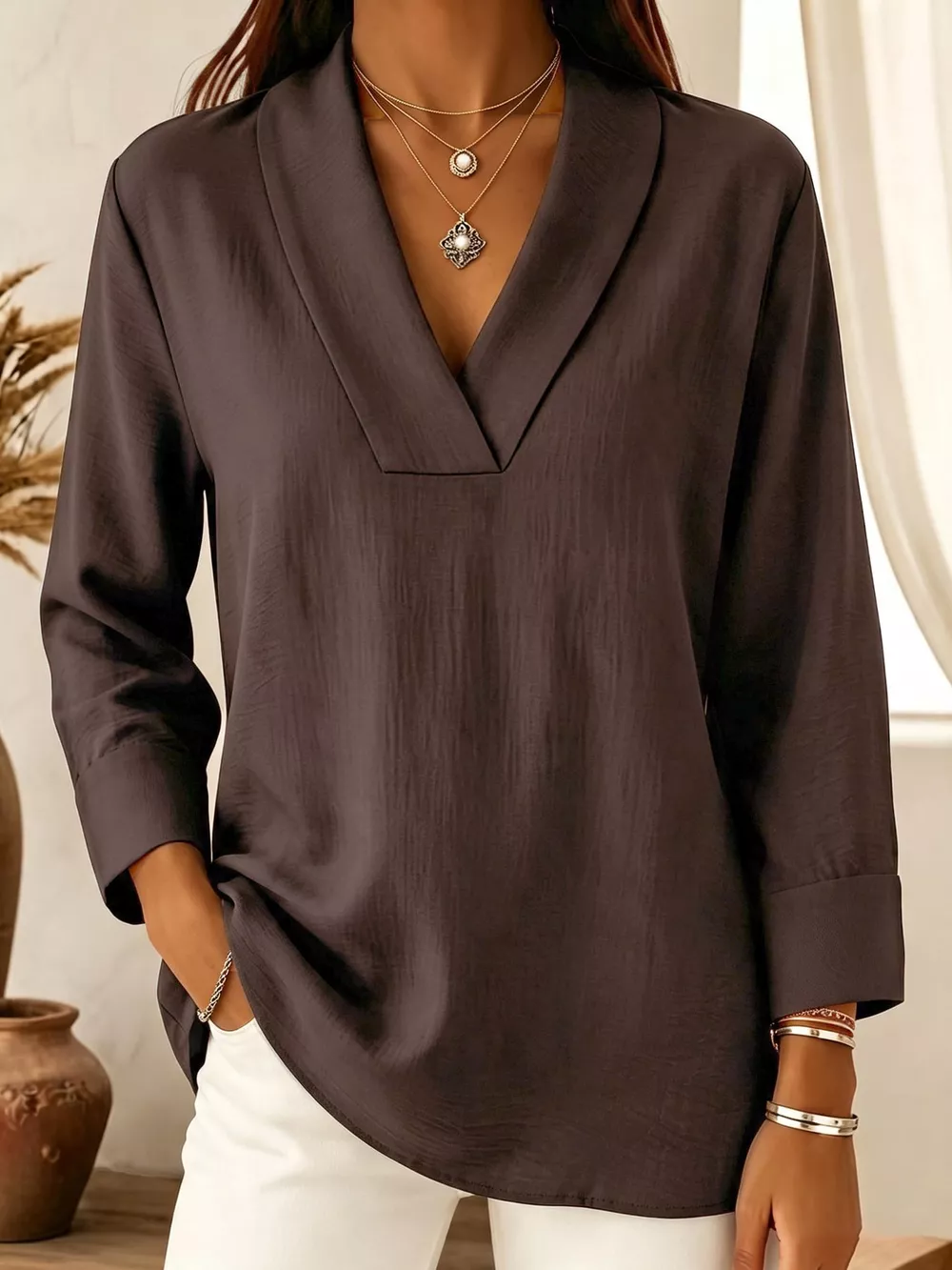 Full Size V-Neck Long Sleeve Blouse Plus Size, image 20