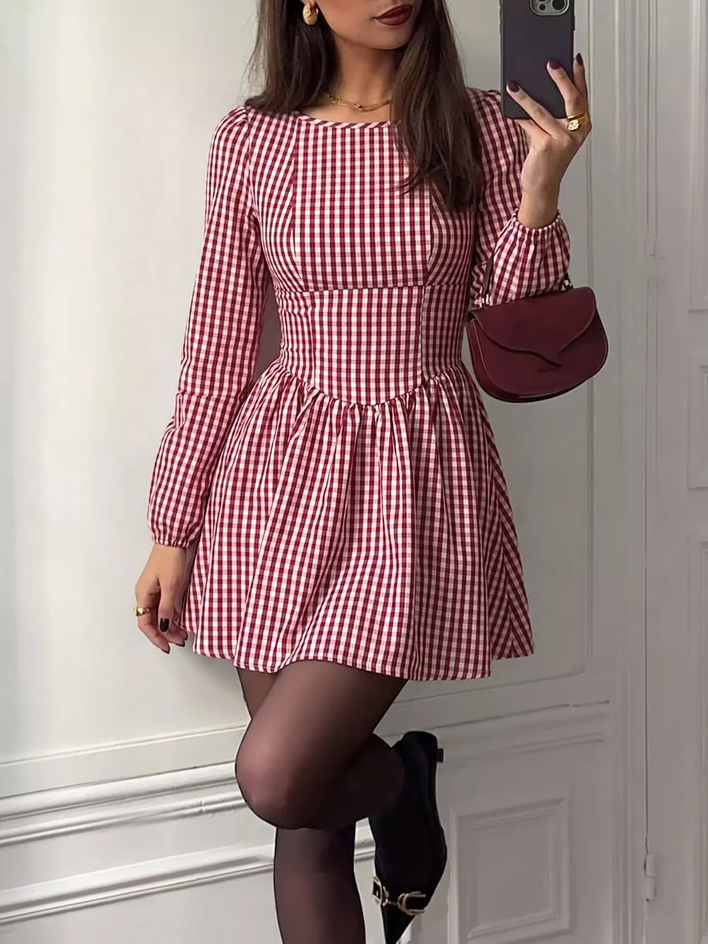 Backless Plaid Long Sleeve Dress, image 4