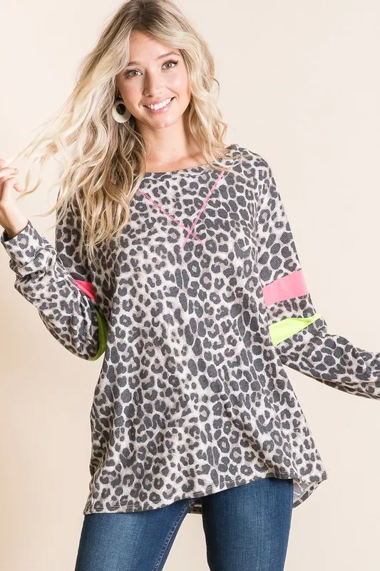 Leopard Thermal Top with Contrast Color Block
