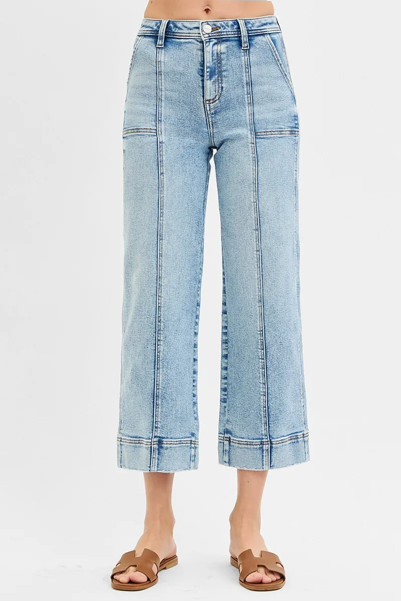 Full Size High Rise Crop Wide Front Seam Detailed Jeans Plus Size