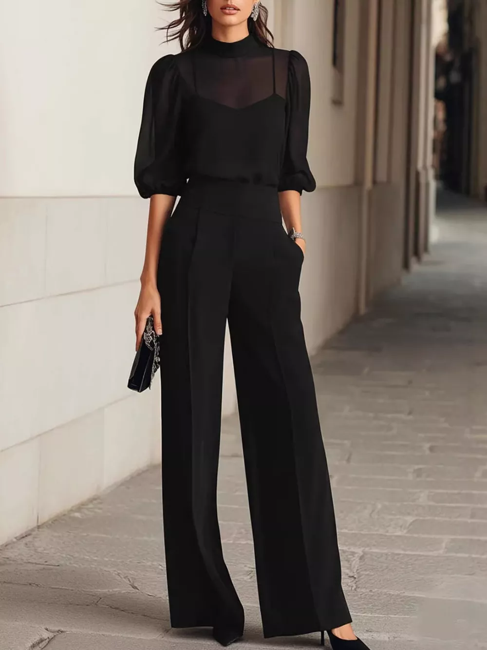Mock Neck Puff Sleeve Top and Wide Leg Pants Set