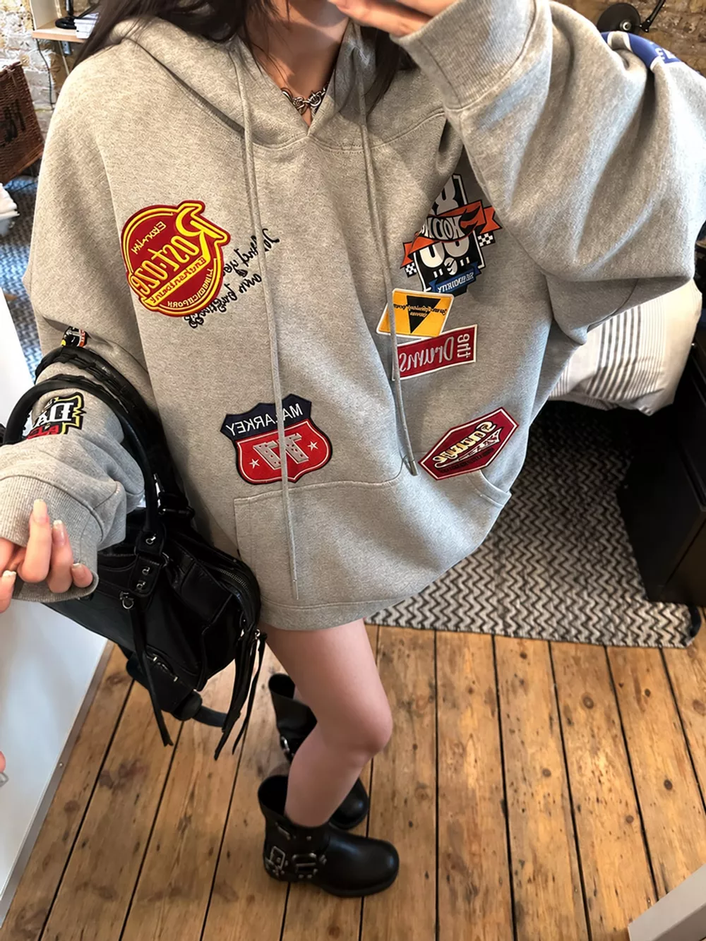 Drawstring Applique Oversized Hoodie