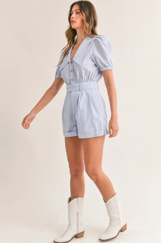 Striped Puff Sleeve Collared Neck Romper, image 7
