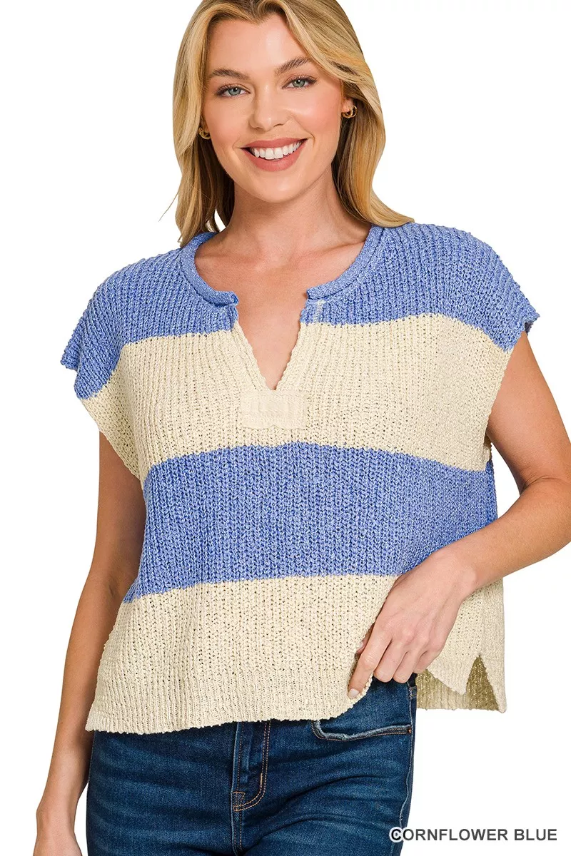 Split Neck Sleeveless Stripe Sweater