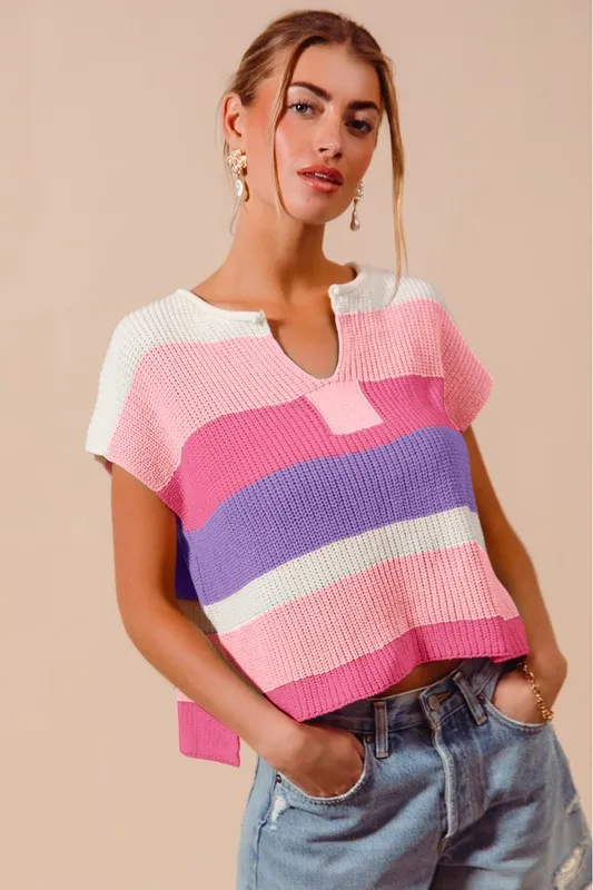 Multi Color Stripe Loose Fit Cap Sleeve Sweater Top, image 5