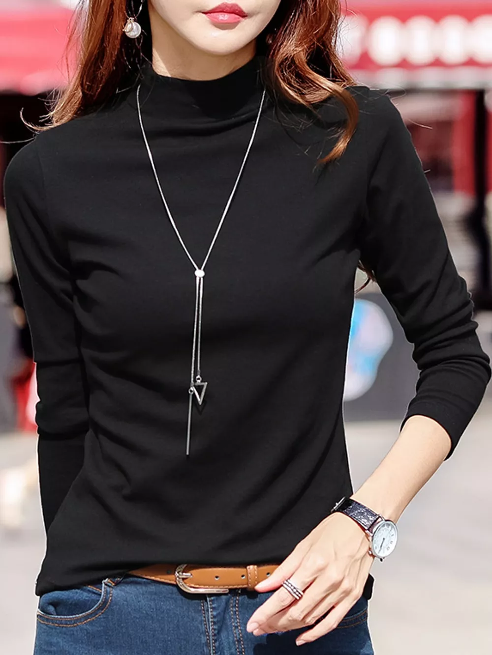 Full Size Slim-Fit Mock Neck Long Sleeve Basic T-Shirt Plus Size, image 11