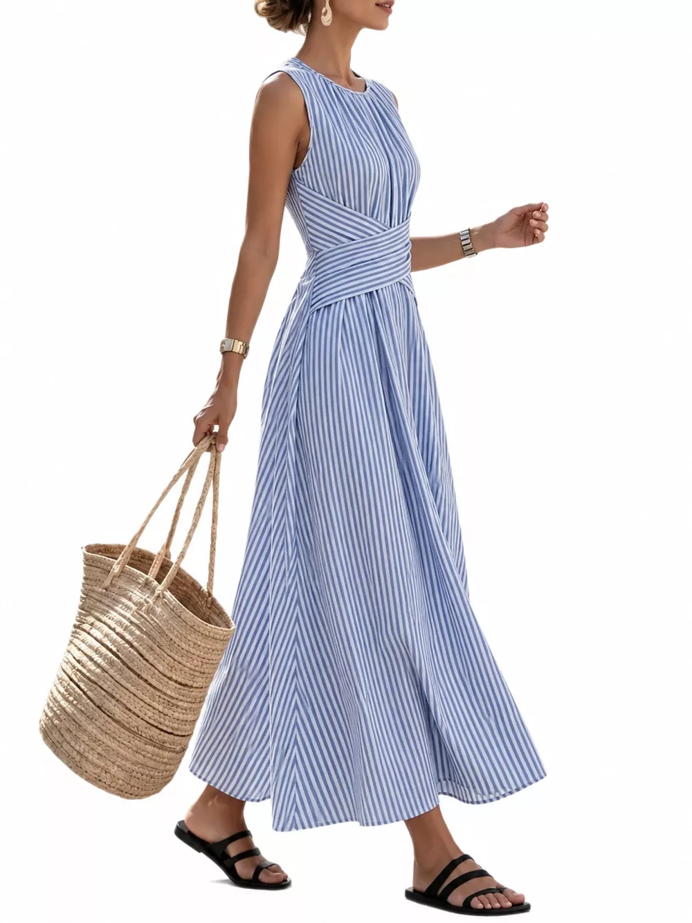 Full Size Sleeveless Striped Maxi Dress with Criss-Cross Waist Detail Plus Size, image 3