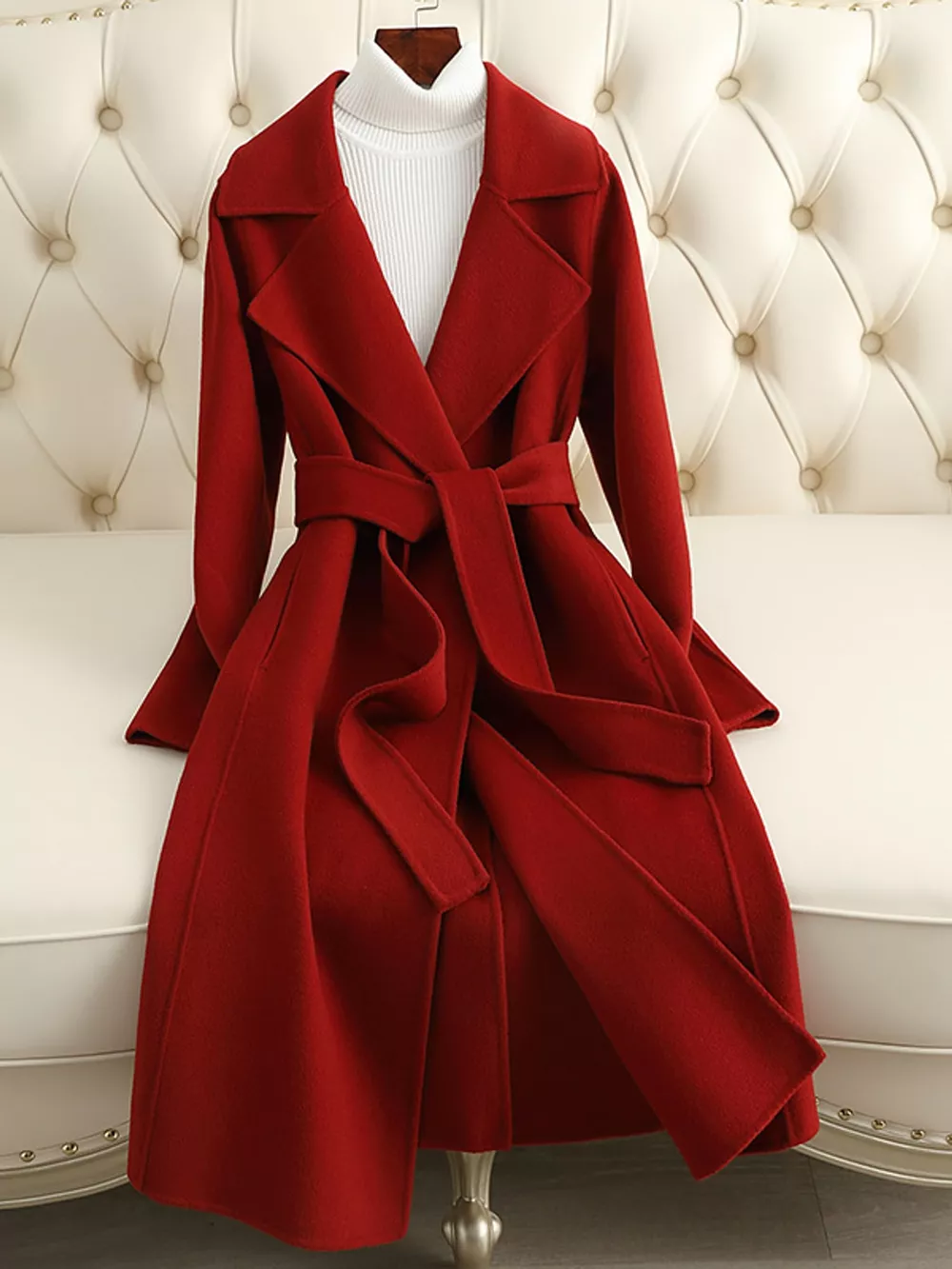 Longline Wool Coat with Waist-Defining Belt, image 13