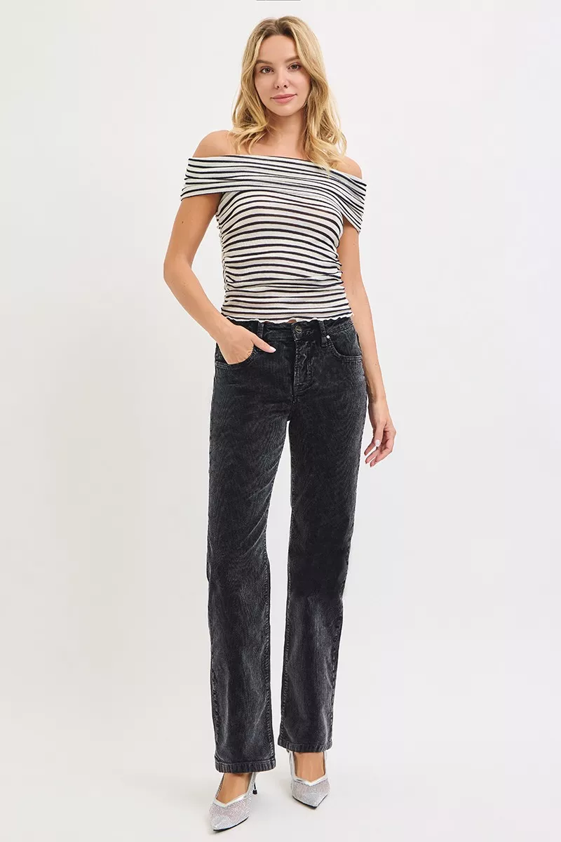 Tummy Control Mid Rise Straight Leg Corduroy Pants, image 3