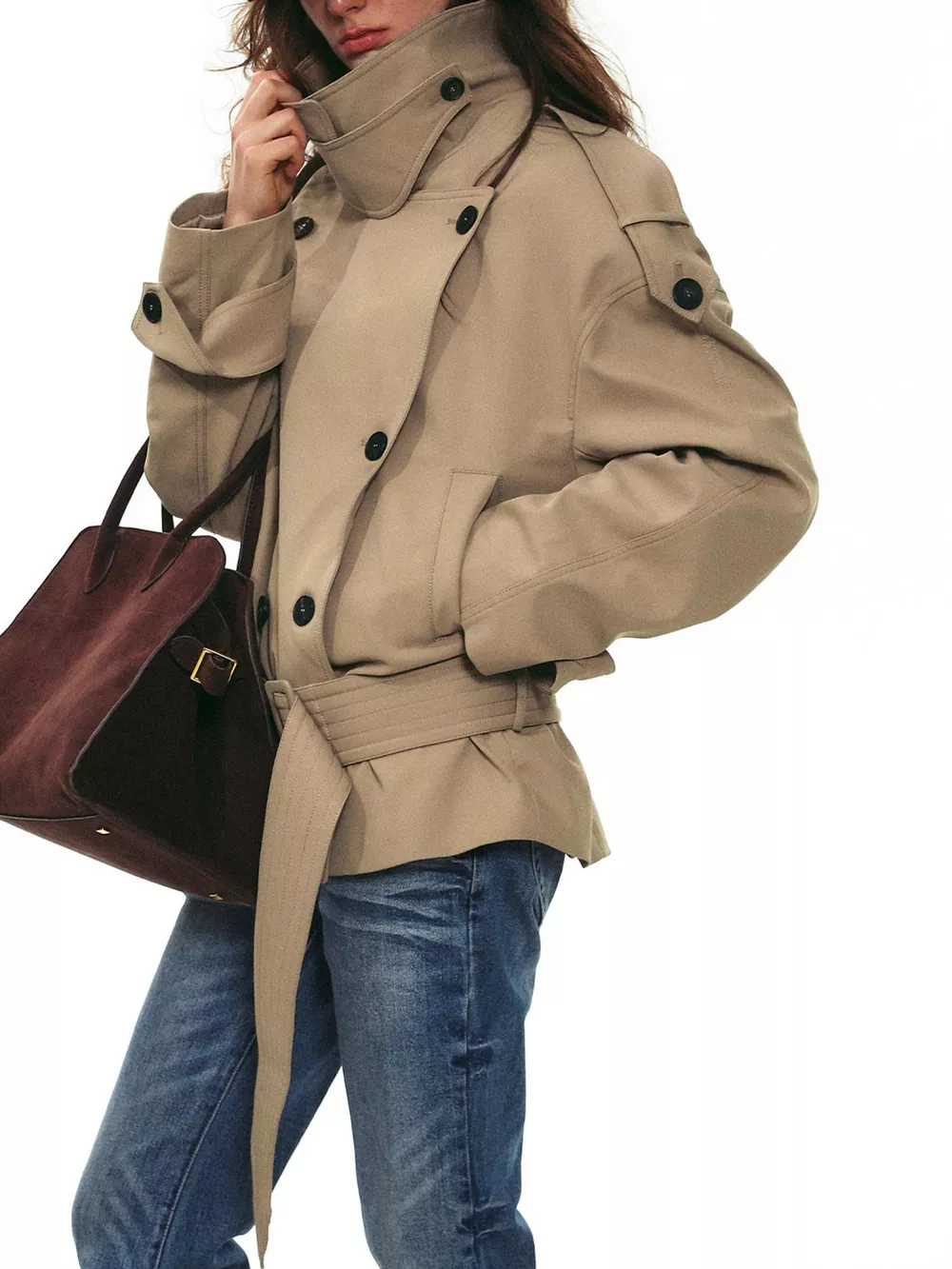 Belted Waist Button Up Trench Jacket, image 9