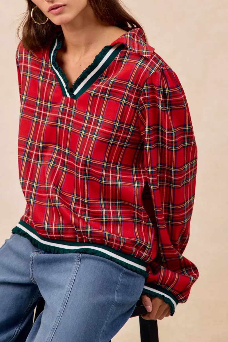 Christmas Plaid Collared Top with Ruffled Detail, image 5