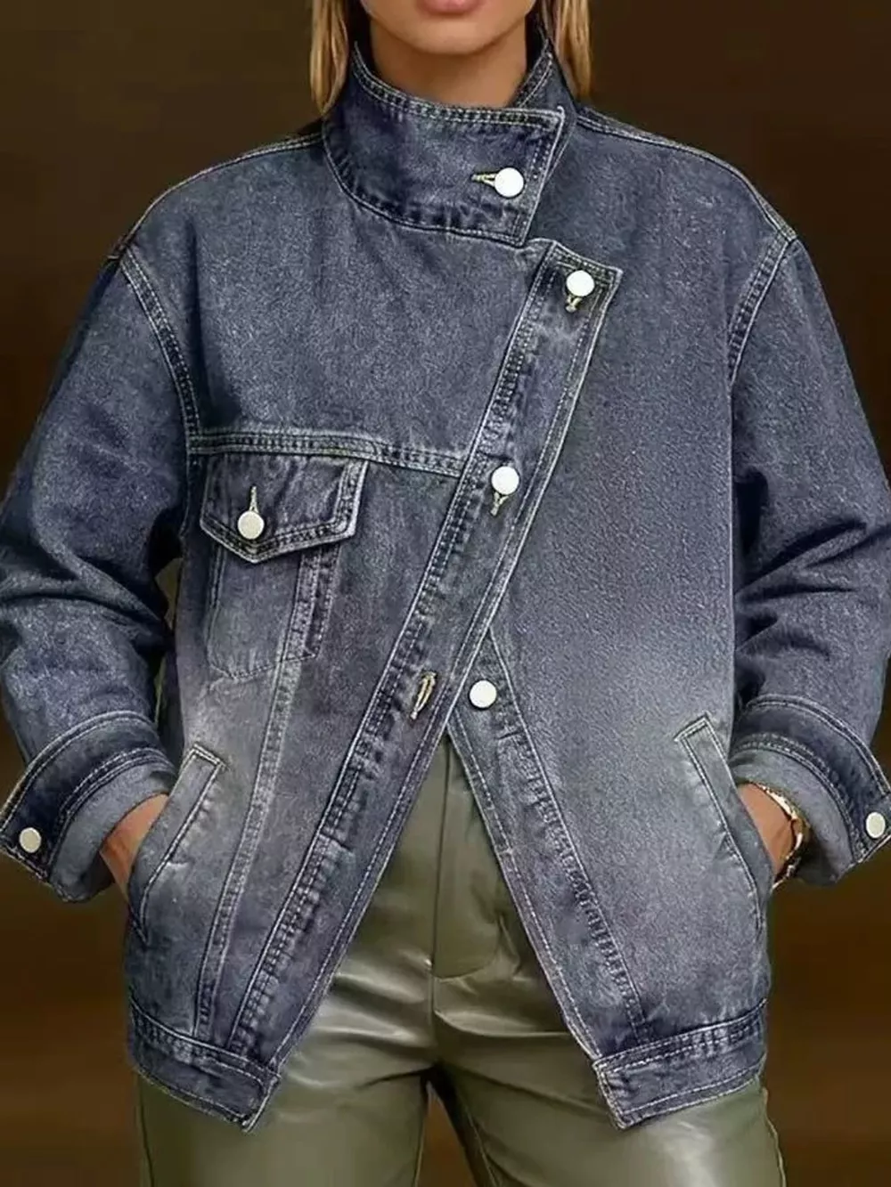 Full Size Asymmetric Button-Up Stand Collar Denim Jacket Plus Size, image 9