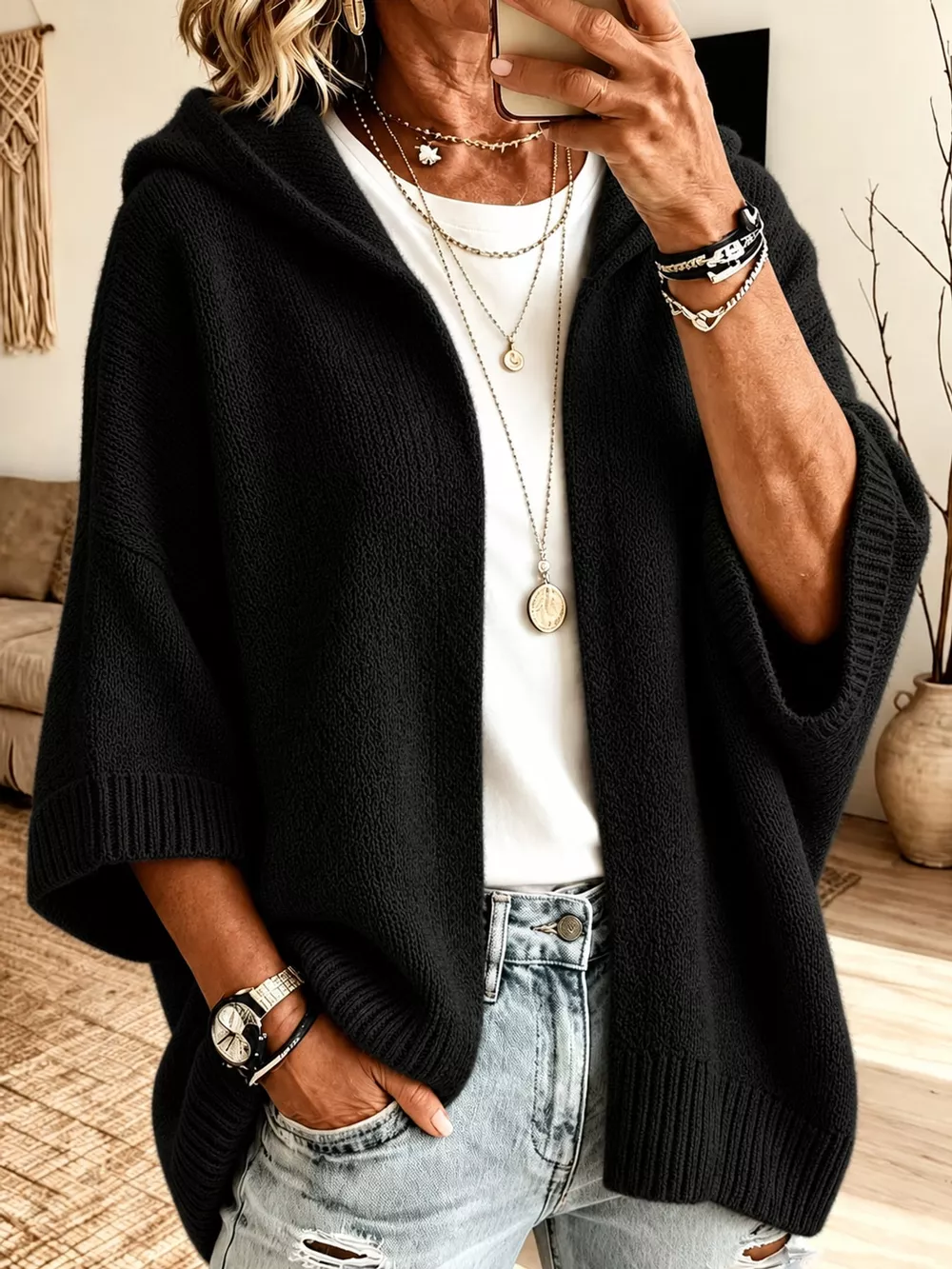 Full Size Hooded Open-Front Knit Cardigan Plus Size, image 17