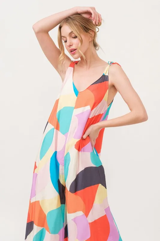 Tied Shoulder Straps Wide-Leg Geo Print Jumpsuit, image 3