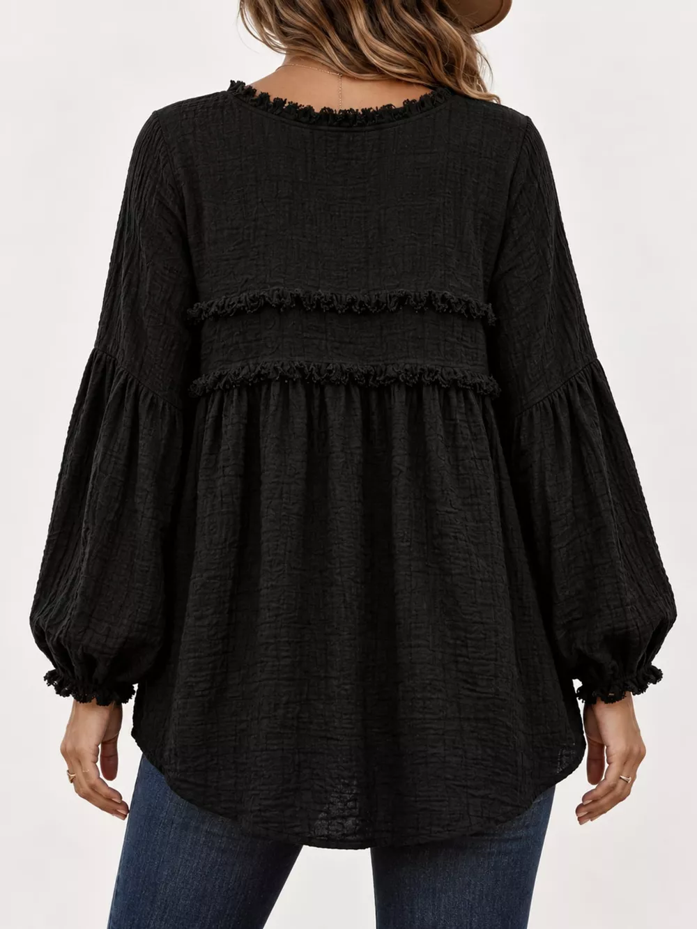 Full Size Boho Chic Textured Frayed Trim Peplum Blouse Plus Size, image 27