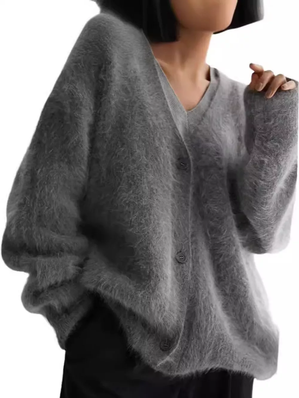 Fuzzy V-Neck Button-Down Cardigan, image 5