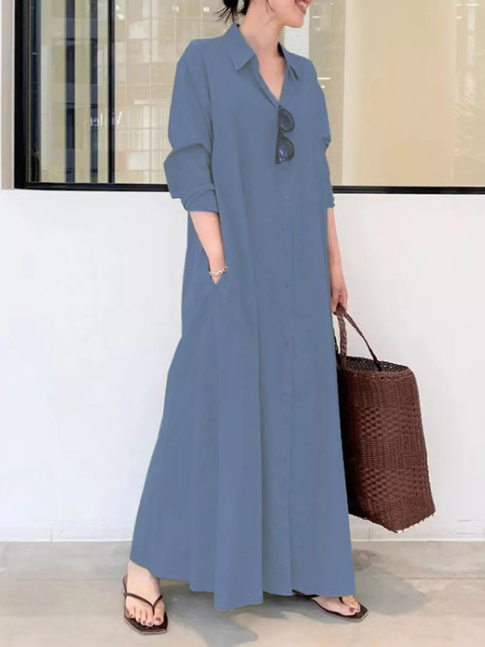 Full Size Button Front Long Sleeve Maxi Shirt Dress Plus Size, image 34