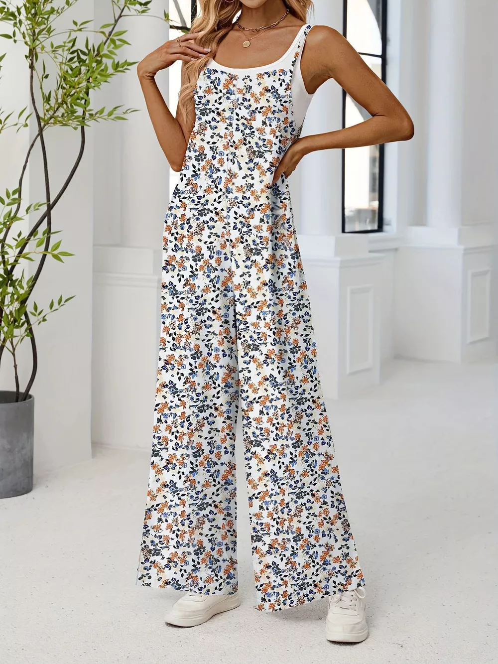 Full Size Floral Print Wide Leg Spaghetti Strap Overalls Plus Size, image 5