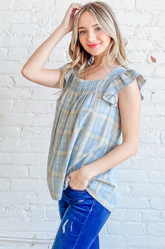 Plaid Print Smocked Detail Ruffle Baby Doll Top, image 2