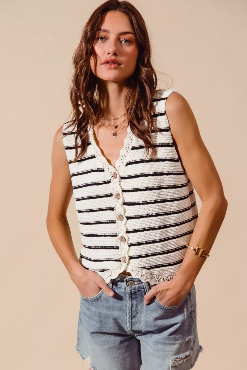 Buttoned Front Stripe Texture Knitted Sweater Vest, image 3