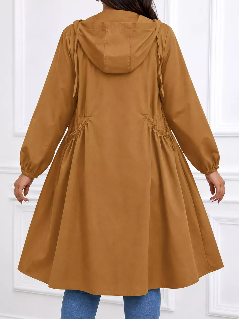 Plus Size Hooded Zip-Up Longline Windbreaker Outerwear, image 26